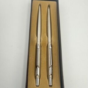 Vintage Parker 45 Flighter Pen and Pencil Set Brushed Stainless Steel USA Boxed